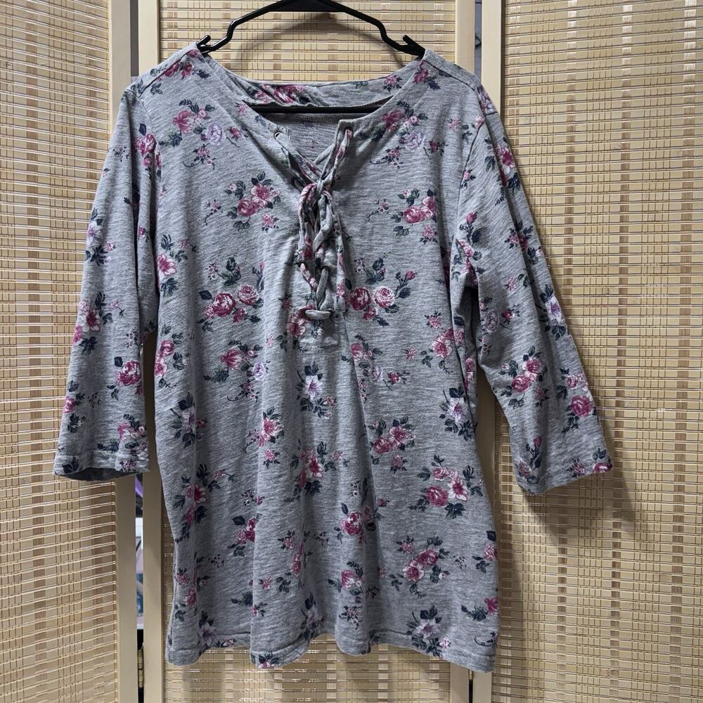 Woman Within Top Women's Size Medium 14/16 Gray Floral Pattern 3/4 Sleeves